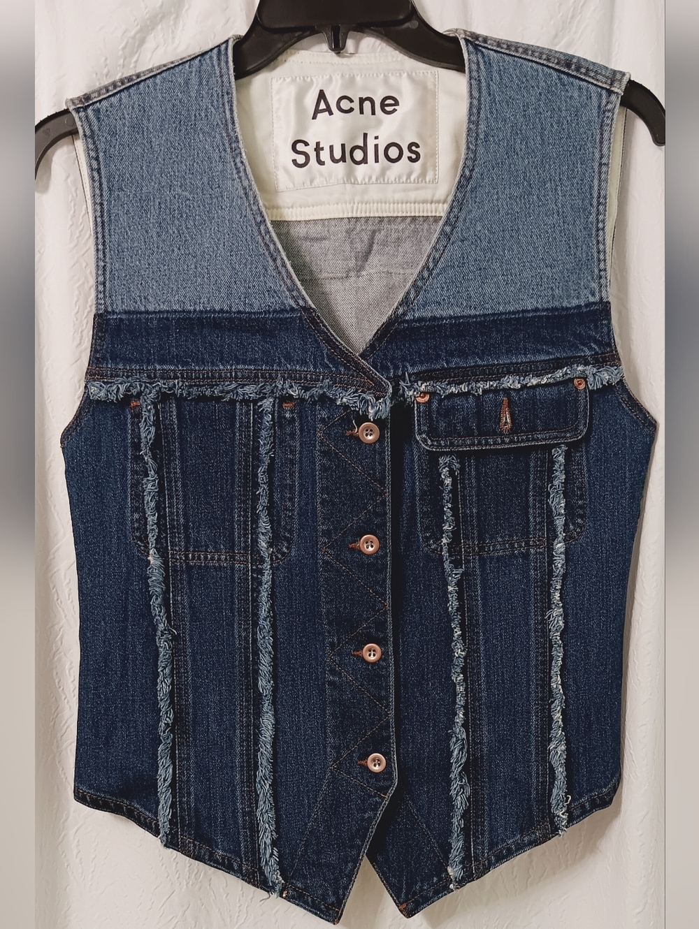 EUC Acne Studios Two-Tone Distressed Denim Vest — Dark and Light Blue